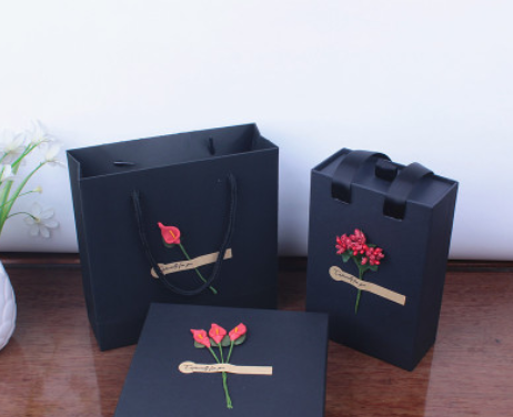 黑色礼品盒正方形礼物盒抽屉式提手盒口红盒子节日礼品盒现货批发