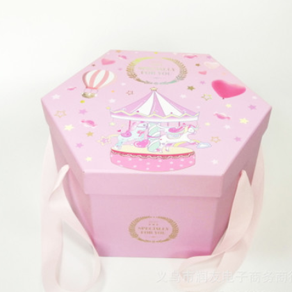 创意新款宝宝宴六角伴手礼盒 满月回礼礼品盒 蓝色粉色生日礼物盒