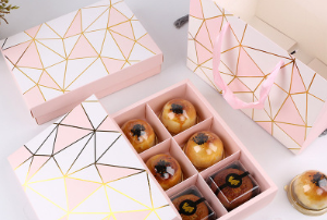 高档烫金粉色6粒月饼盒天地盖几何80克蛋黄酥包装盒巧克力饼干盒
