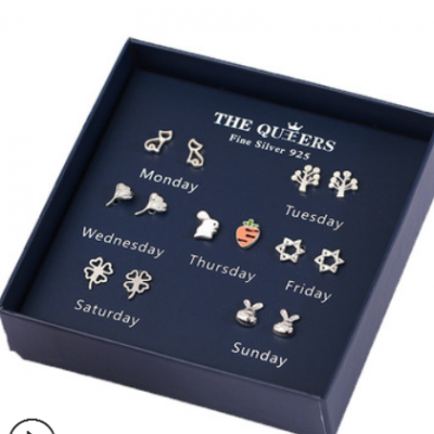 新款925银针耳钉一周礼盒韩国气质网红时尚星月组合套装礼物