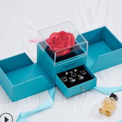 双开玫瑰花礼盒创意抽屉戒指项链耳钉送女友情人节生日礼物包装盒