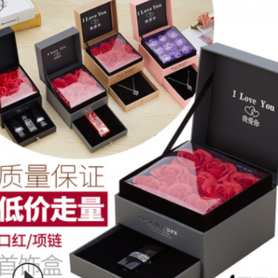 新款玫瑰花盒创意抽屉9朵永生花口红项链戒指款情人节生日礼物盒