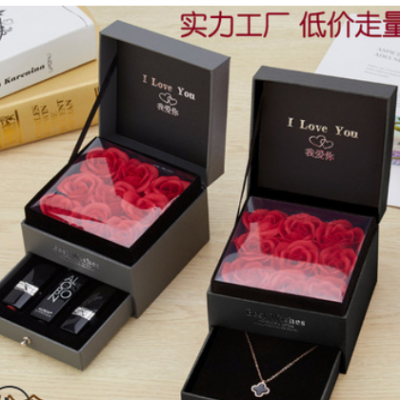 现货玫瑰花盒创意抽屉9朵永生花口红项链戒指款情人节生日礼物盒