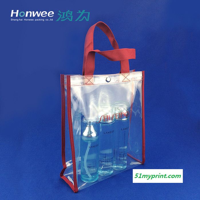 环保透明EVA塑料手提袋 缝纫车线红色包边洗漱产品拎包 出口日本