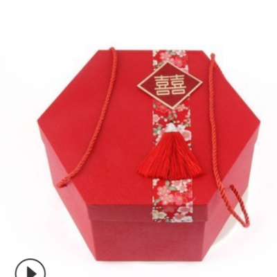 新款结婚用品伴手礼盒定 制红色婚庆六角盒 创意婚礼手提喜糖盒