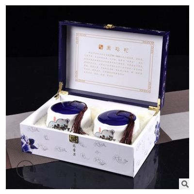 现货木质青花瓷黑枸杞礼盒木盒包装翻盖密封陶瓷罐包装盒套装礼盒