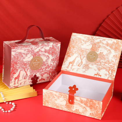 厂家直供时尚中国风烫金彩印款翻盖式节日礼品包装软把手提礼品盒