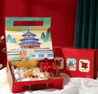 中国红新年礼盒拜年高档手提皮质礼品盒送礼故宫伴手礼礼品包装