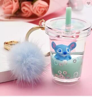 Acrylic Quicksand Keychain Pendant Milk Tea Cup Stitch Liquid Keychain Pompom Keychain / 3