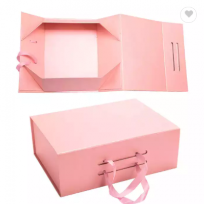 Custom printed gift foldable flip-top box packaging boxes art paper with ribbon handles