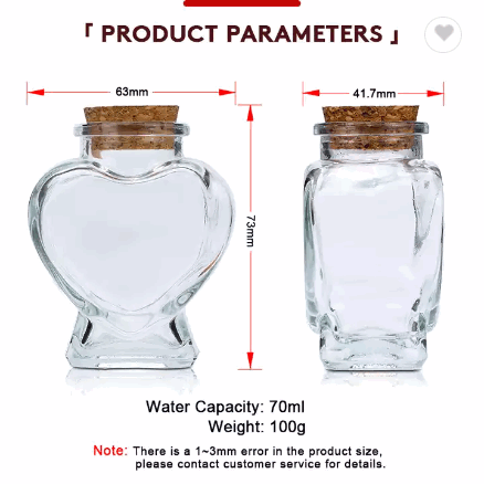 Empty 50ml 70ml 2oz Heart Shape Clear Glass Vial Bottle pendant Wishing glass bottle with cork stopp / 4
