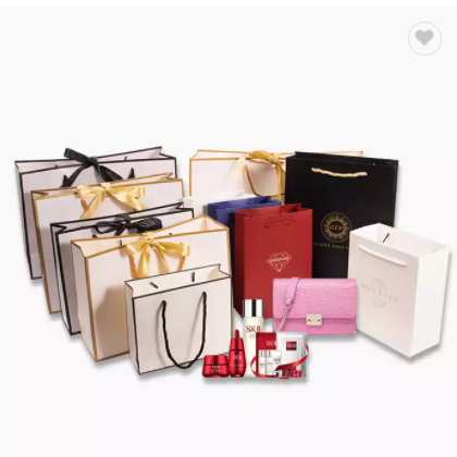 Luxury Ribbon Handle Boutique Shopping Packaging Paper Gift Bag Custom Printed Brown White Black Pap / 1