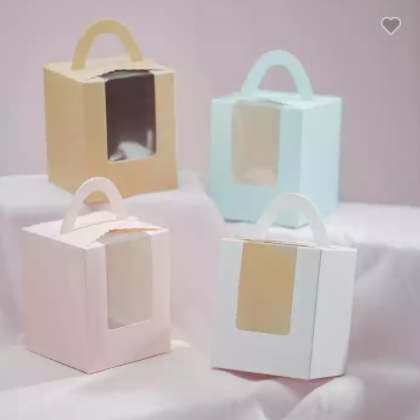 RTS cake box with handle transparent window for cupcake candy dessert packaging small blue cardboard / 3