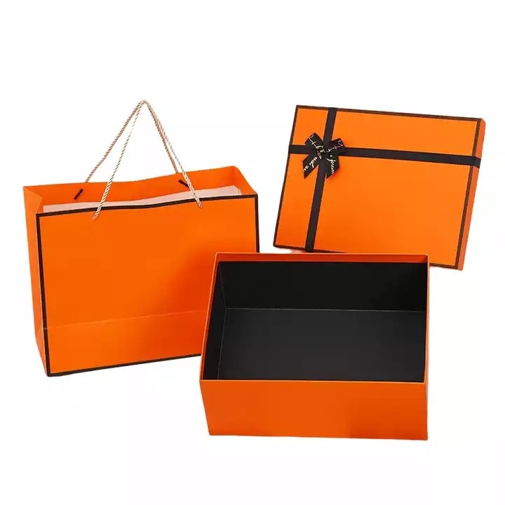 Classic Brand Orange Gift Paper Box Luxury High Quality Set Square Bronzing Bow Lid Jewellery Shoe C / 3