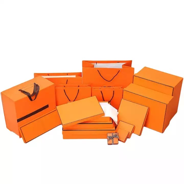 Classic Brand Orange Gift Paper Box Luxury High Quality Set Square Bronzing Bow Lid Jewellery Shoe C / 1