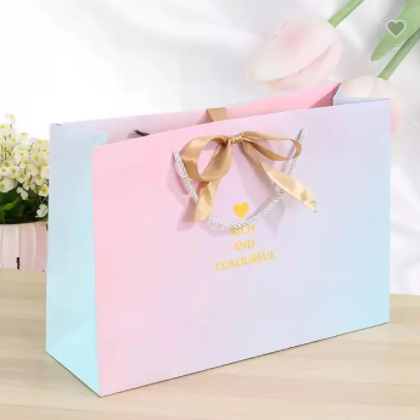 Wholesale Ins Gradient Packaging Pink Paper Bags eco-friendly Custom Gift Clothing Paper Bag / 3