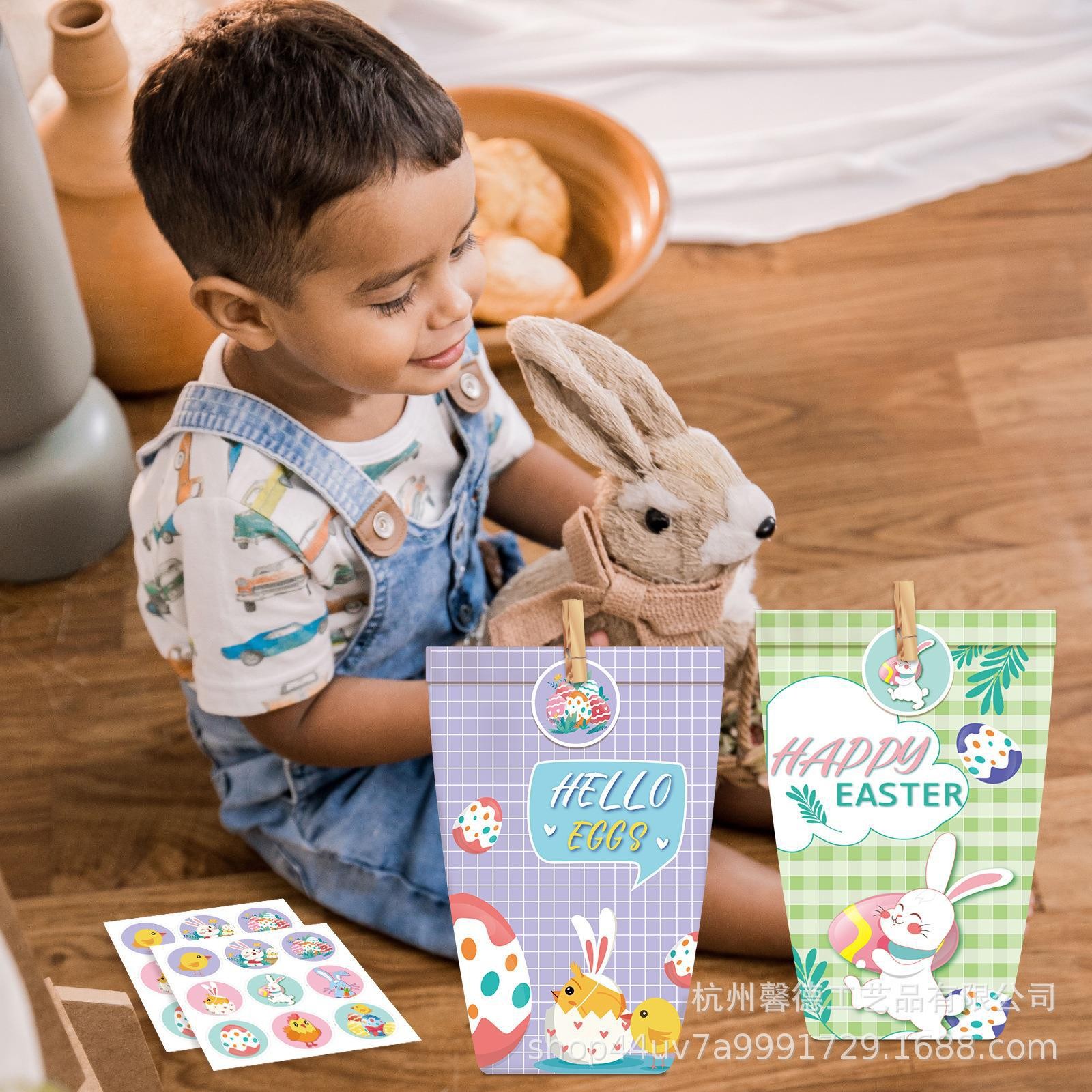 LB151 彩色复活节Happy Easter兔子母鸡蛋派对礼品零食牛皮纸袋