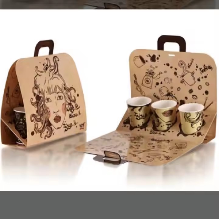 Custom Printed Disposable 2 Cup Carrier Take Away To Go Kraft White Cardboard Milk Tea Coffee Paper  / 2