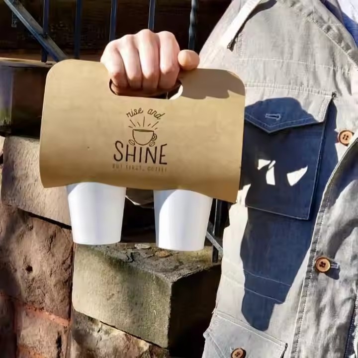 Custom Printed Disposable 2 Cup Carrier Take Away To Go Kraft White Cardboard Milk Tea Coffee Paper  / 3